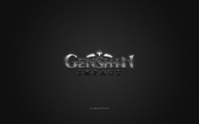 Genshin Impact, popular game, Genshin Impact silver logo, gray carbon fiber background, Genshin Impact logo, Genshin Impact emblem