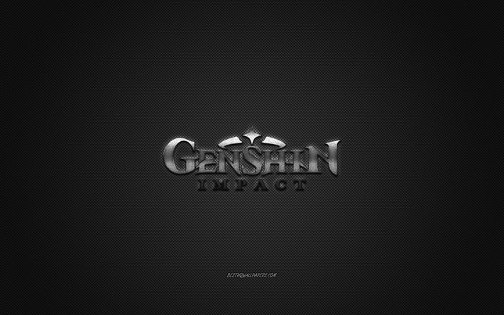 Genshin Impact, jogo popular, logotipo prata do Genshin Impact, fundo cinza de fibra de carbono, logotipo do Genshin Impact, emblema do Genshin Impact