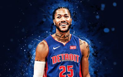 Derrick Rose, 4k, Detroit Pistons, NBA, basket, Derrick Martell Rose, Derrick Rose Detroit Pistons, luci al neon blu, Derrick Rose4K