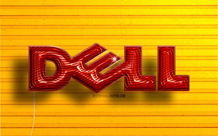 Logo Dell, 4K, palloncini rossi realistici, marchi, logo Dell 3D, sfondi in legno gialli, Dell