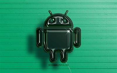 Logo 3D Android, 4k, ballons r&#233;alistes vert fonc&#233;, logo Android, arri&#232;re-plans en bois vert, Android