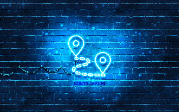 Road journey neon icon, 4k, blue background, neon symbols, travel concepts, Road journey, neon icons, Road journey sign, transport signs, Road journey icon, transport icons