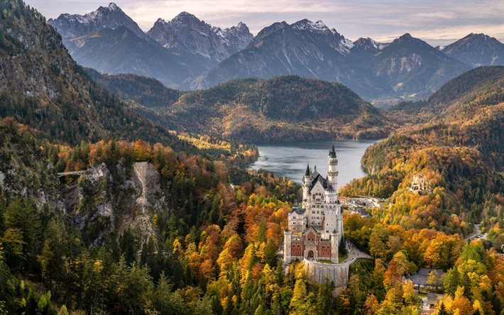 Neuschwanstein Castle, Bavarian Alps, autumn, beautiful castle, landmark, mountain landscape, castles of Germany, Schwangau, Bavaria, Germany