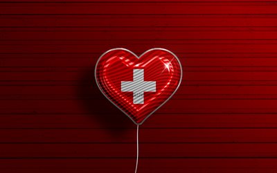 I Love Switzerland, 4k, realistic balloons, red wooden background, Swiss flag heart, Europe, favorite countries, flag of Switzerland, balloon with flag, Swiss flag, Switzerland, Love Switzerland