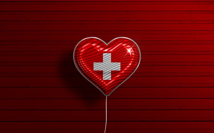 İsviçre seviyorum, 4k, gerçekçi balonlar, kırmızı ahşap arka plan, İsviçre bayrağı kalp, Avrupa, favori ülkeler, İsviçre bayrağı, bayraklı balon, İsviçre