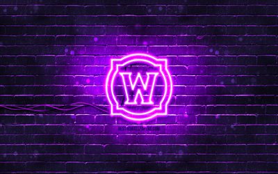 Logo violet World of Warcraft, 4k, WoW, brickwall violet, logo World of Warcraft, cr&#233;atif, logo n&#233;on World of Warcraft, logo WoW, World of Warcraft