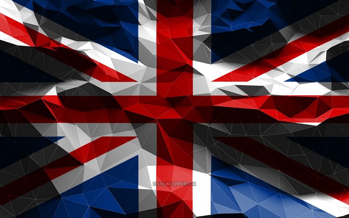 4k, bandiera del Regno Unito, arte low poly, Union Jack, paesi europei, simboli nazionali, bandiere 3D, bandiera britannica, Regno Unito, Europa, bandiera 3D del Regno Unito