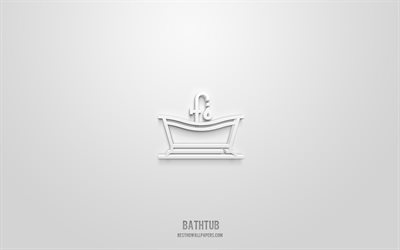 bathtub 3d icon, white background, 3d symbols, bathtub, hotels icons, 3d icons, bathtub sign, hotels 3d icons