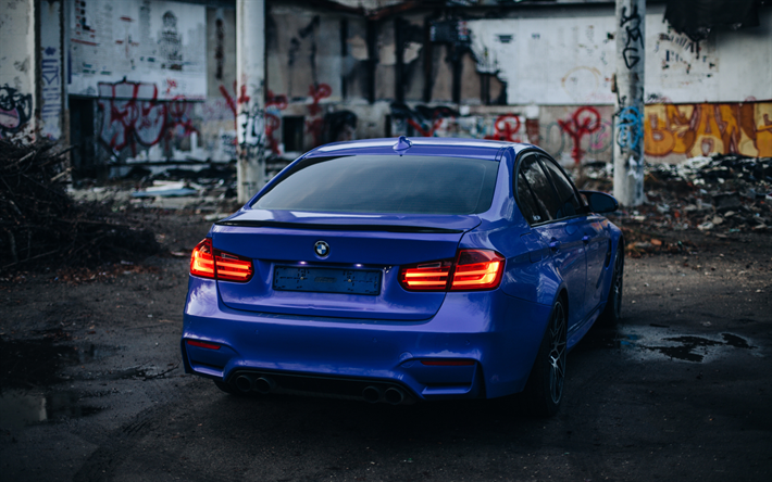 4k, BMW M3, rear view, exterior, blue sedan, new blue M3, M3 tuning, German cars, BMW