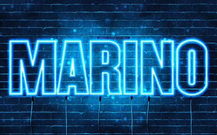 Marino, 4k, fonds d’&#233;cran avec noms, nom Marino, n&#233;ons bleus, anniversaire Marino, joyeux anniversaire Marino, noms masculins italiens populaires, image avec nom Marino