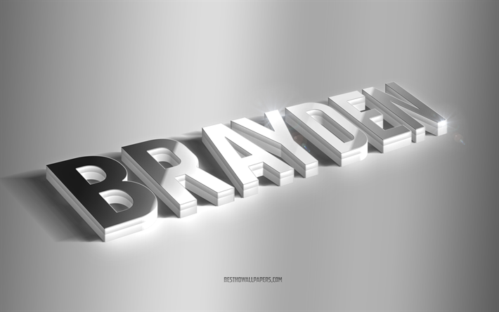 Brayden, art 3D argent&#233;, fond gris, fonds d’&#233;cran avec noms, nom Brayden, carte de vœux Brayden, art 3D, image avec nom Brayden