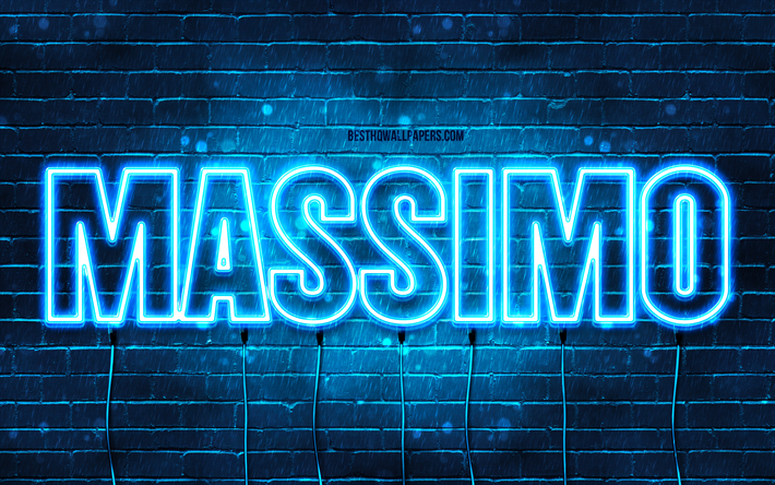 Massimo, 4k, des fonds d&#39;&#233;cran avec des noms, nom Massimo, n&#233;ons bleus, Anniversaire Massimo, Joyeux Anniversaire Massimo, noms masculins italiens populaires, photo avec nom Massimo