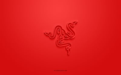 Razer3dロゴ, 赤い背景, 3Dアート, Razerエンブレム, Razerのロゴ, クリエイティブな3Dアート, Razer, 赤いRazerロゴ