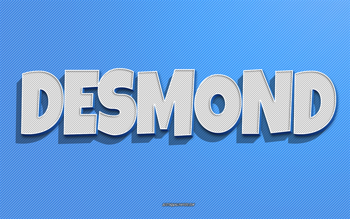Desmond, fond de lignes bleues, fonds d&#39;&#233;cran avec noms, nom Desmond, noms masculins, carte de voeux Desmond, dessin au trait, photo avec le nom Desmond