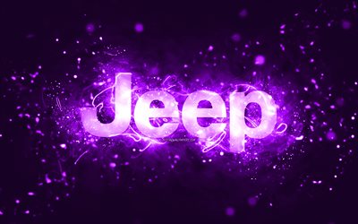 Jeep violet logo, 4k, violet neon lights, creative, violet abstract background, Jeep logo, cars brands, Jeep