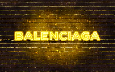 Balenciaga yellow logo, 4k, yellow brickwall, Balenciaga logo, brands, Balenciaga neon logo, Balenciaga