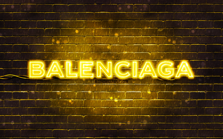 Logo giallo Balenciaga, 4k, muro di mattoni giallo, logo Balenciaga, marchi, logo neon Balenciaga, Balenciaga