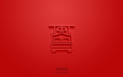 غرفة نوم 3d icon, خلفية حمراء, رموز ثلاثية الأبعاد, غرفة نوم, أيقونات الفندق, أيقونات ثلاثية الأبعاد, علامة غرفة النوم, فندق 3d الرموز
