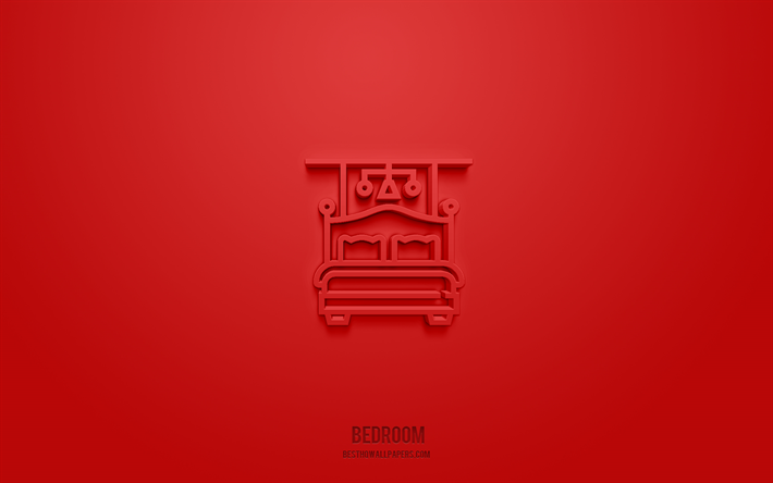 Icona della camera da letto 3d, sfondo rosso, simboli 3d, camera da letto, icone dell&#39;hotel, icone 3d, segno della camera da letto, icone dell&#39;hotel 3d