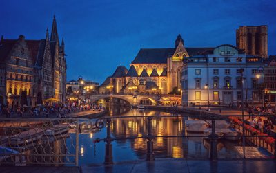 Ghent, 4k, Lys, river, evening, sunset, Ghent cityscape, buildings, Belgium