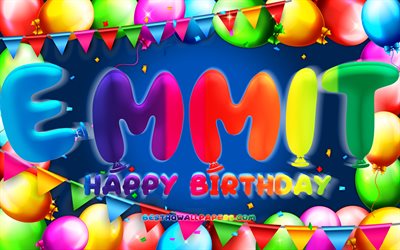 Happy Birthday Emmit, 4k, colorful balloon frame, Emmit name, blue background, Emmit Happy Birthday, Emmit Birthday, popular german male names, Birthday concept, Emmit
