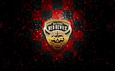 Salford Red Devils, glitter logo, SLE, red black checkered background, rugby, english rugby club, Salford Red Devils logo, mosaic art