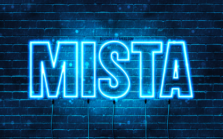 Mista, 4k, pap&#233;is de parede com nomes, Mista nome, luzes de neon azuis, Mista Anivers&#225;rio, Feliz Anivers&#225;rio Mista, nomes masculinos italianos populares, foto com nome Mista