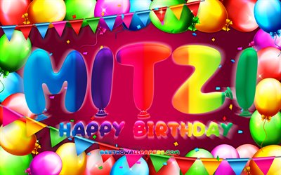 Happy Birthday Mitzi, 4k, colorful balloon frame, Mitzi name, purple background, Mitzi Happy Birthday, Mitzi Birthday, popular german female names, Birthday concept, Mitzi