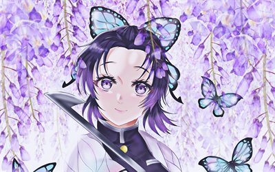 Kochou Shinobu, violet flowers, Demon Hunter, kimono, butterflies, Kimetsu no Yaiba, Demon Slayer, manga, Shinobu Kocho, Giyu Tomioka