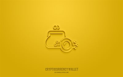 Cryptocurrency wallet 3d icon, yellow background, 3d symbols, Cryptocurrency wallet, finance icons, 3d icons, Cryptocurrency wallet sign, finance 3d icons