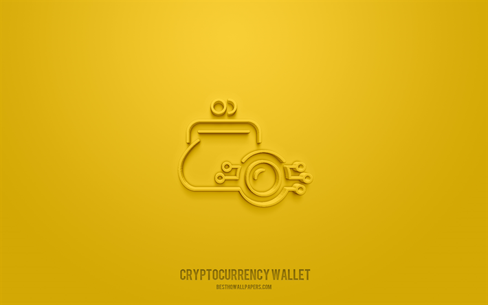 Kryptovaluuttalompakko 3d-kuvake, keltainen tausta, 3d-symbolit, kryptovaluuttalompakko, rahoituskuvakkeet, 3d-kuvakkeet, kryptovaluuttalompakkomerkki, rahoitusalan 3d-kuvakkeet