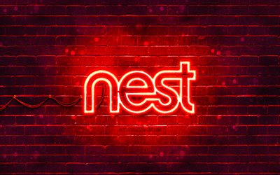 Google Nest red logo, 4k, red brickwall, Google Nest logo, brands, Google Nest neon logo, Google Nest