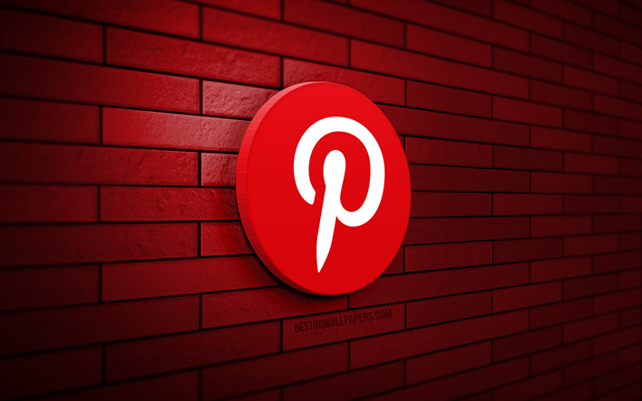 pinterest 3d-logo, 4k, rote ziegelwand, kreativ, soziale netzwerke, pinterest-logo, 3d-kunst, pinterest