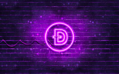 Dogecoin violett logotyp, 4k, violett tegelv&#228;gg, Dogecoin logotyp, kryptovaluta, Dogecoin neon logotyp, Dogecoin