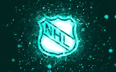 NHL turquoise logo, 4k, turquoise neon lights, National Hockey League, turquoise abstract background, NHL logo, cars brands, NHL