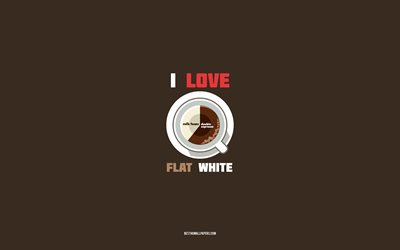 وصفة فلات وايت, 4 ك, كوب بمكونات بيضاء فلات, أنا أحب فلات وايت كوفي, خلفية بنية, قهوة الحليب, وصفات القهوة, مكونات بيضاء مسطحة