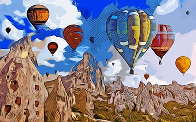 Cappadocia, 4k, vektorkonst, Cappadocia-teckning, kreativ konst, Cappadocia-konst, vektorteckning, ballonger, Turkiet