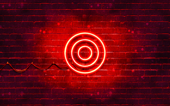 ターゲットの赤いロゴ, 4k, 赤レンガの壁, ターゲットロゴ, お, ターゲットネオンロゴ, ターゲット