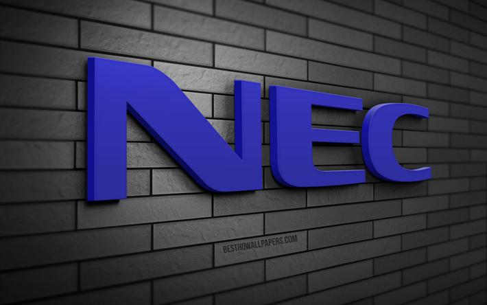 Logo NEC 3D, 4K, brickwall gris, cr&#233;atif, marques, logo NEC, art 3D, NEC