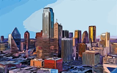 Dallas, 4k, arte vectorial, dibujo de Dallas, arte creativo, arte de Dallas, dibujo vectorial, paisajes urbanos abstractos, dibujos de ciudades, Texas, EE UU