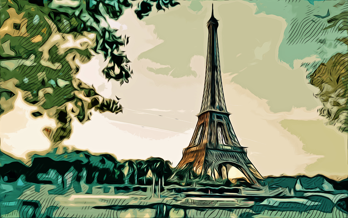 Eiffel Tower, 4k, vector art, Eiffel Tower drawing, creative art, Eiffel Tower art, vector drawing, abstract Paris cityscape, Paris, France, Paris drawing