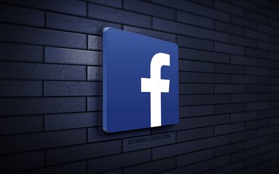 Logo Facebook 3D, 4K, muro di mattoni blu, creativo, social network, logo Facebook, arte 3D, Facebook