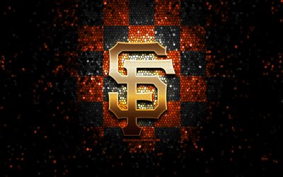 San Francisco Giants emblem, glitter logo, MLB, orange black checkered background, american baseball team, Major League Baseball, mosaic art, baseball, San Francisco Giants