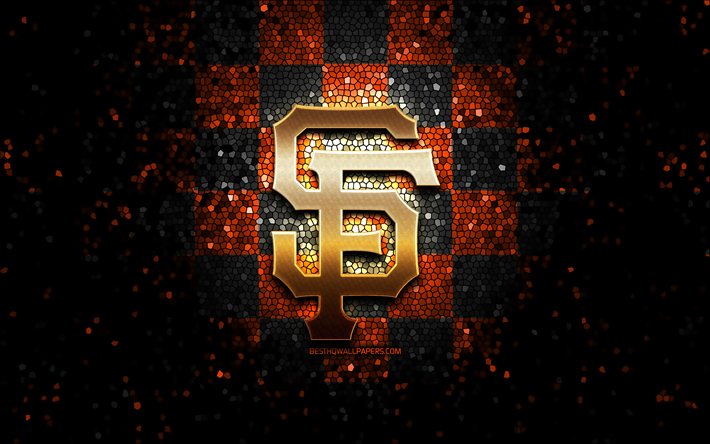 サンフランシスコジャイアンツのエンブレム, キラキラロゴ, MLB, オレンジ色の黒の市松模様の背景, アメリカの野球チーム, 大リーグ, モザイクアート, 野球。, サンフランシスコジャイアンツ