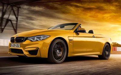 BMW M4 Cabrio, 30 Vuotta Edition, 2018, 4k, keltainen avoauto, kilparadalla, tuning m4, keltainen m4, Saksan autoja, BMW