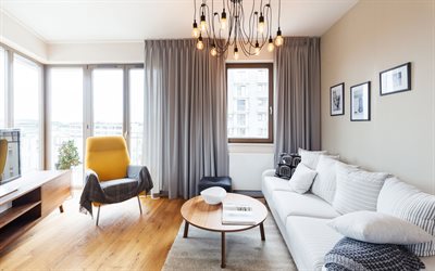 interior: soggiorno, design elegante, bianco, divano, salotto, arredamento
