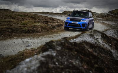 Land Rover, Range Rover SVR, 2018, tuning, luxury blue SUV, off-road, road, off-road driving, blue Range Rover
