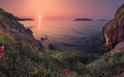 seascape, sunset, evening, rocks, coast, mountains, Mediterranean Sea