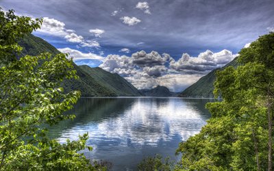 Lago de Lugano, 4k, el verano, los Alpes, las monta&#241;as, Italia, Europa, HDR