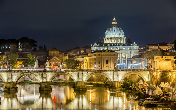 Bridge of the Holy Angel, old bridge, Rome, night, city lights, Italy Attraction, Rome landmarks